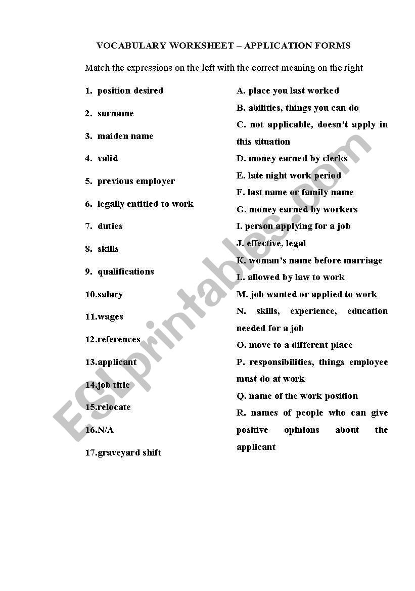 Application form worksheet