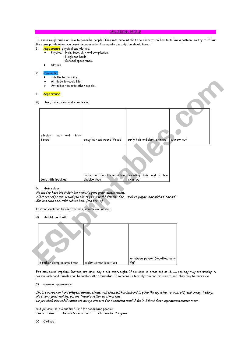 DESCRIBING PEOPLE worksheet