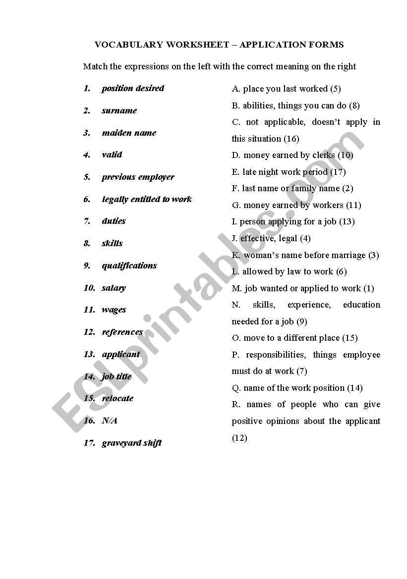 Applying for jobs (answers) worksheet