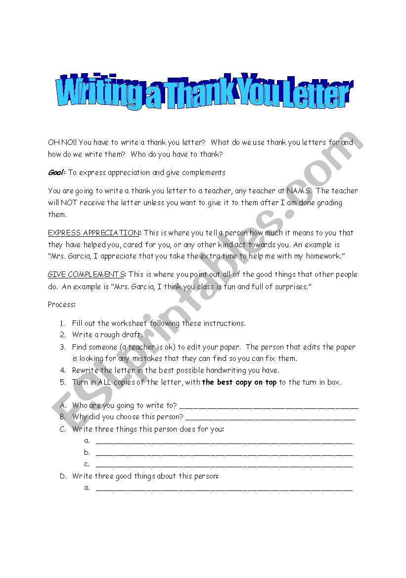 Writing a Thank you letter worksheet