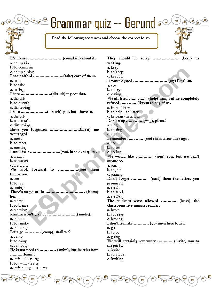 GRAMMAR QUIZ --- THE GERUND worksheet