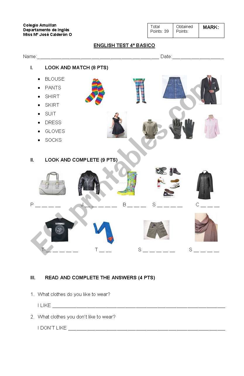 TEST ON CLOTHING 1/2 worksheet