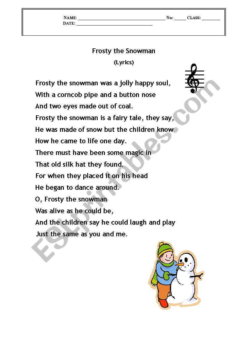 Frsty the Snowman - lyrics worksheet