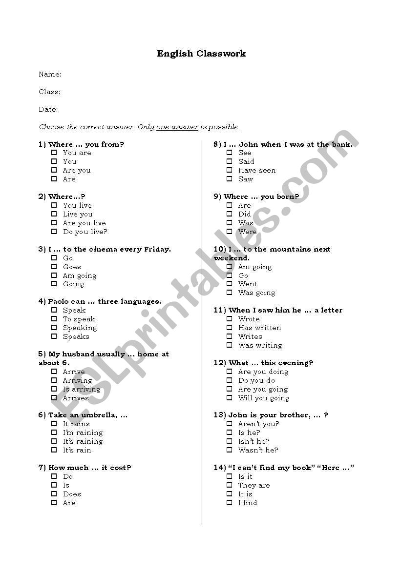 Multiple Choice Classwork worksheet