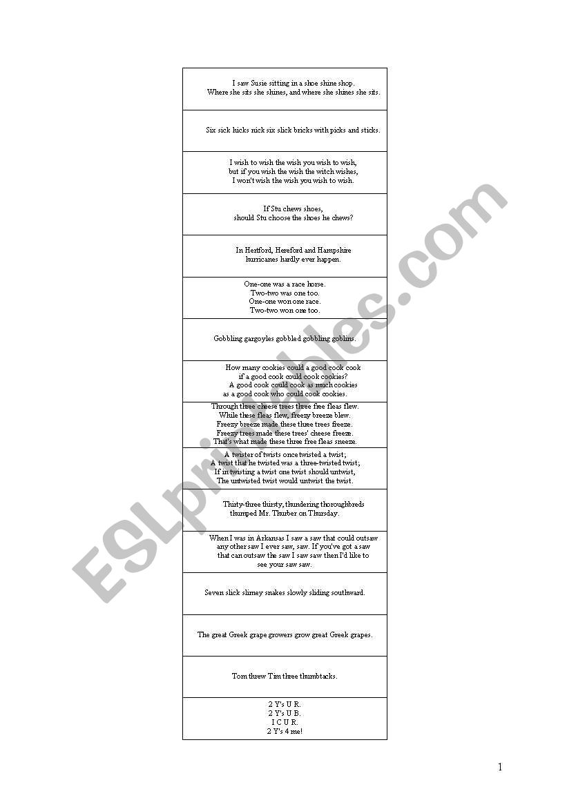 Tongue twisters worksheet