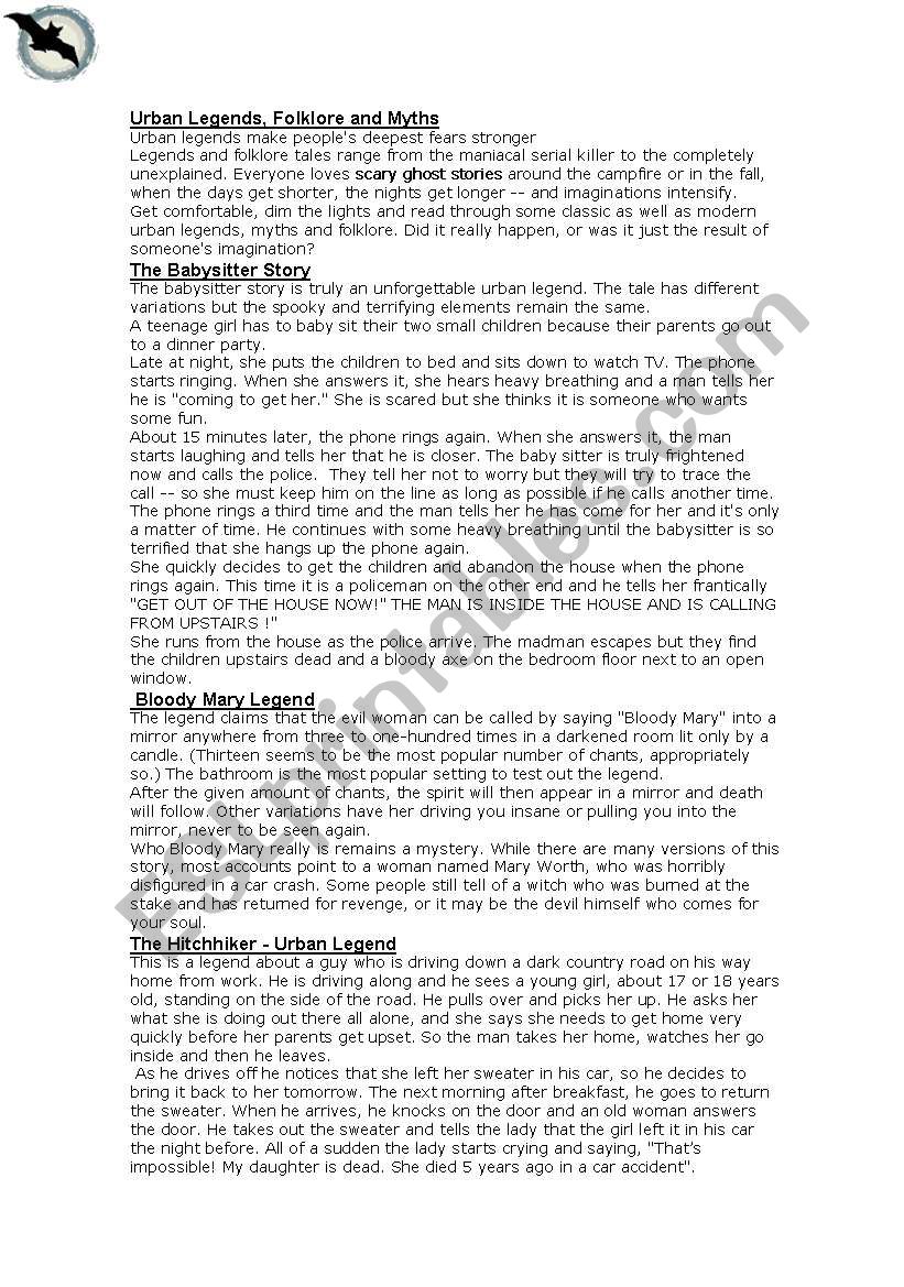 Urban legends worksheet