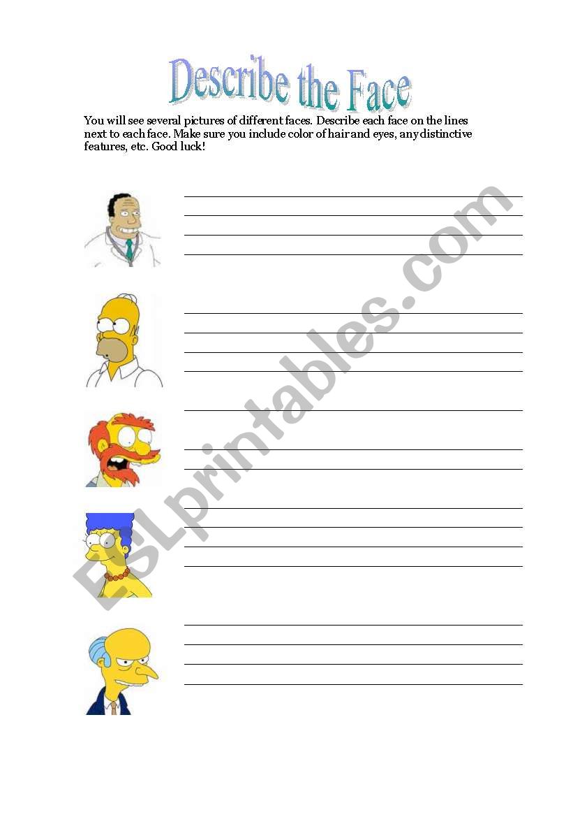 Simpsons Describe the Face worksheet