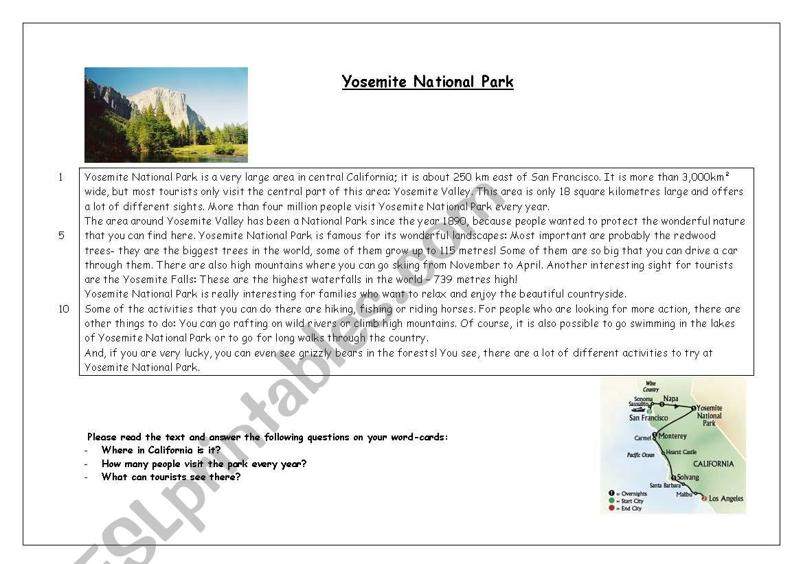 Yosemite National Park worksheet