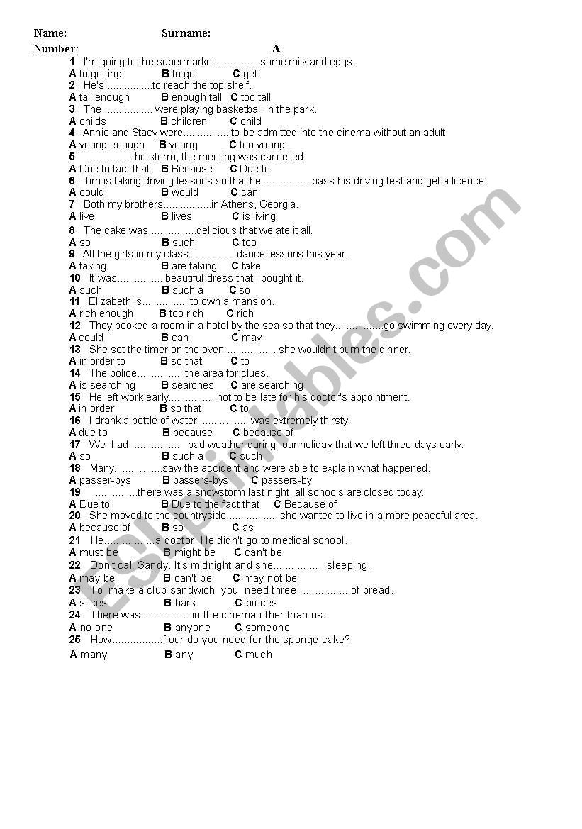 intermediate tests worksheet