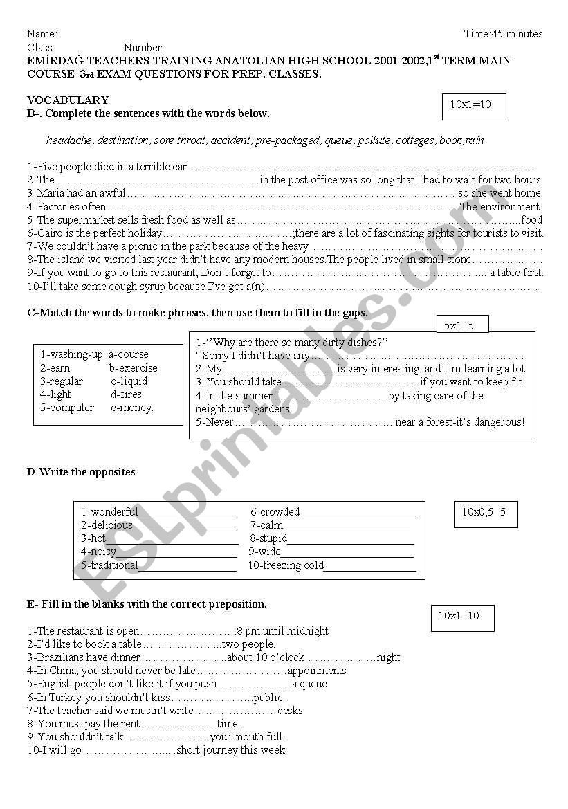 english exam worksheet