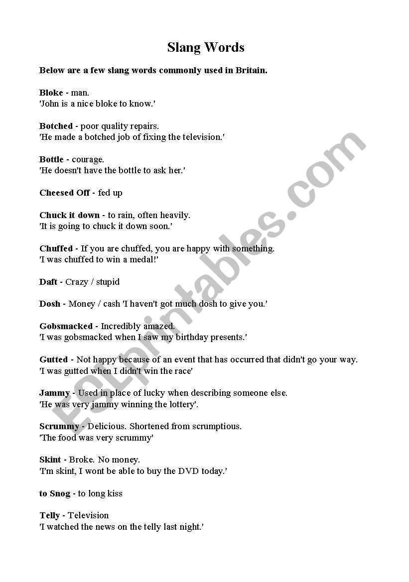 Slang Words worksheet