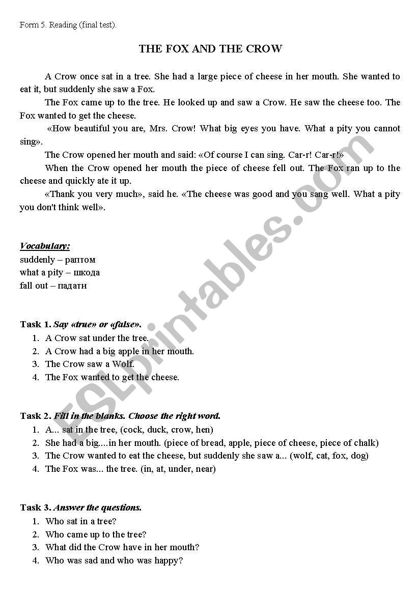 THE FOX AND THE CROW worksheet