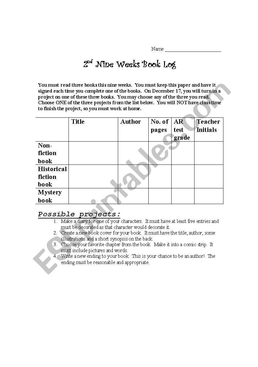 Book Report/project worksheet