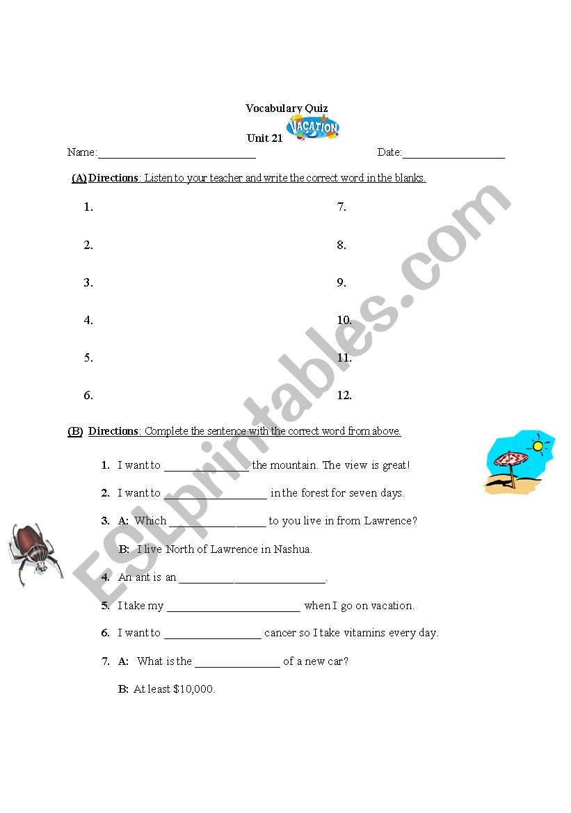 Vacation words, Vocabulary Quiz with answer key (part 2)