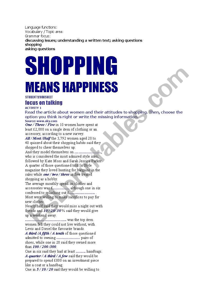 Shopping means happiness worksheet