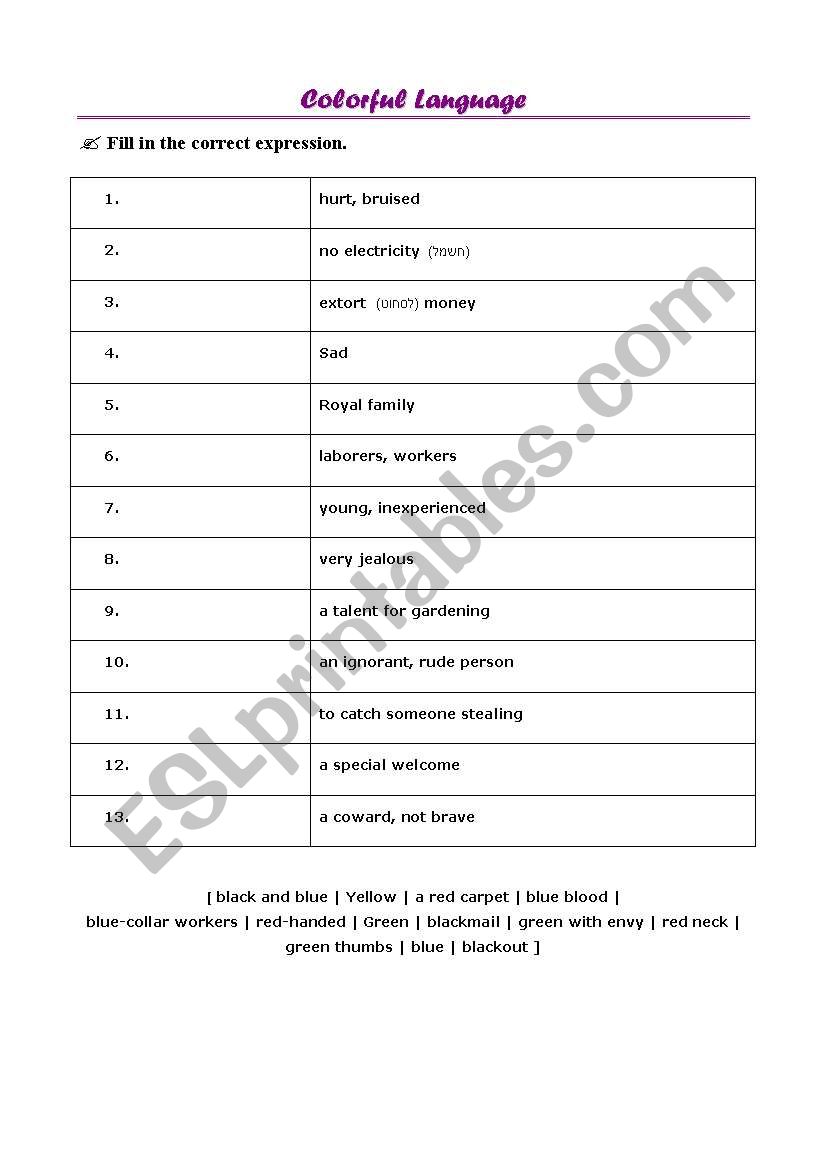 Color Idioms worksheet