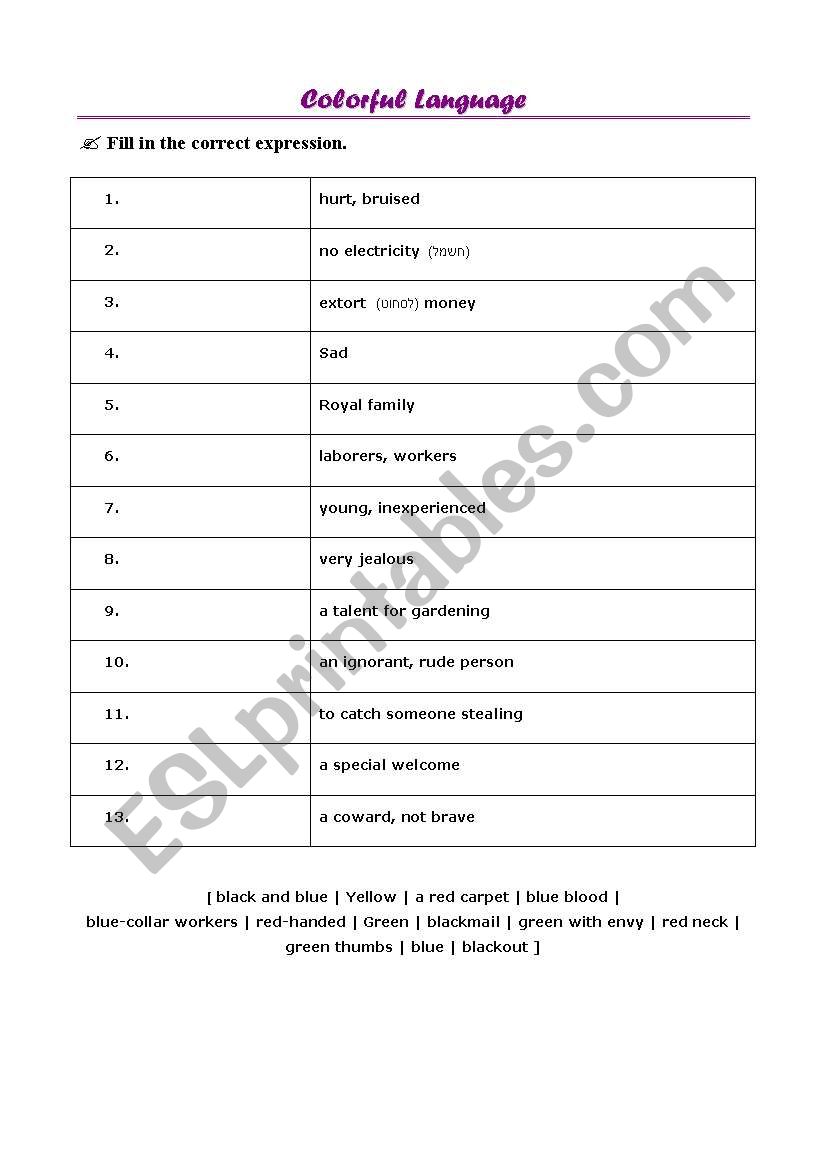 Color Idioms worksheet