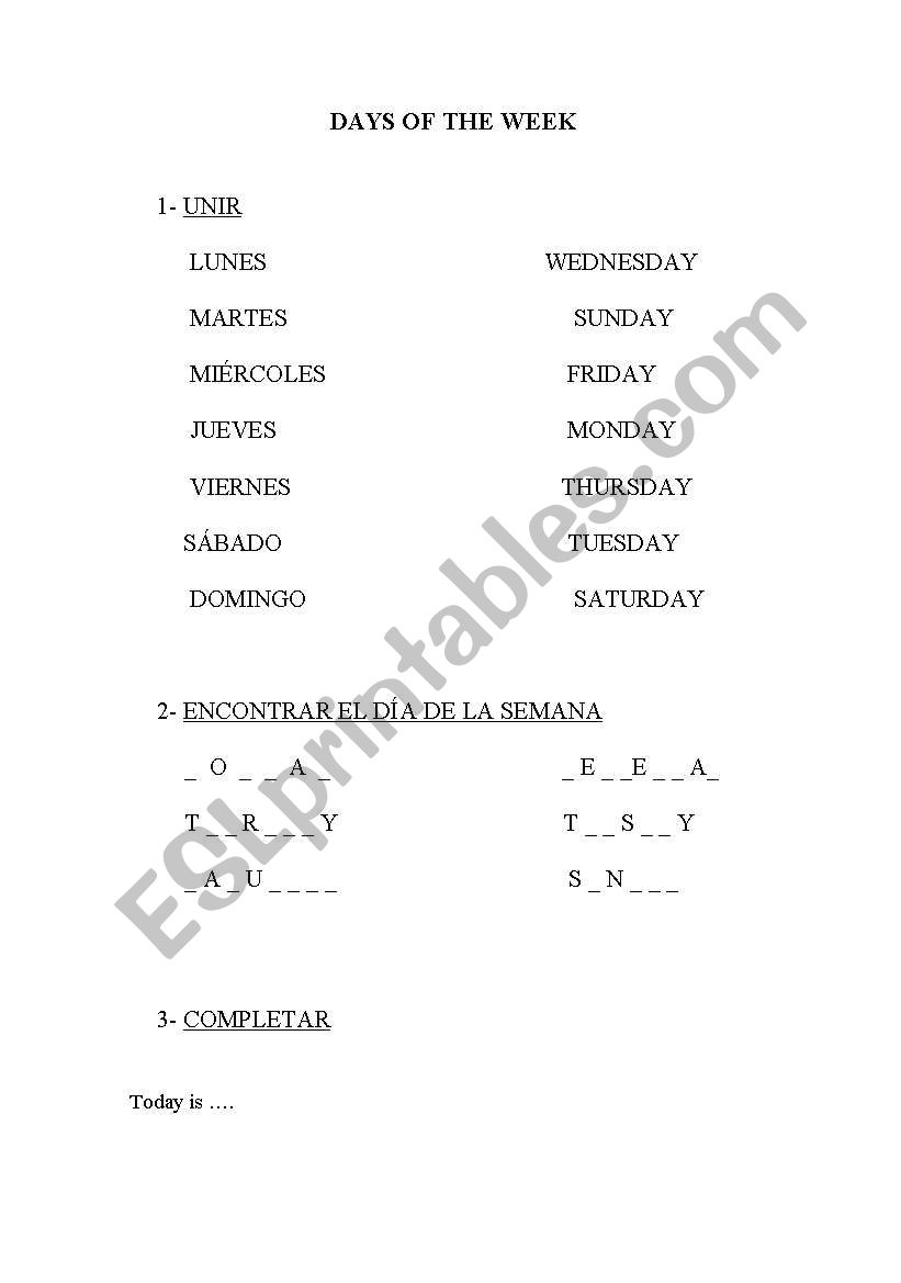 days of the week worksheet