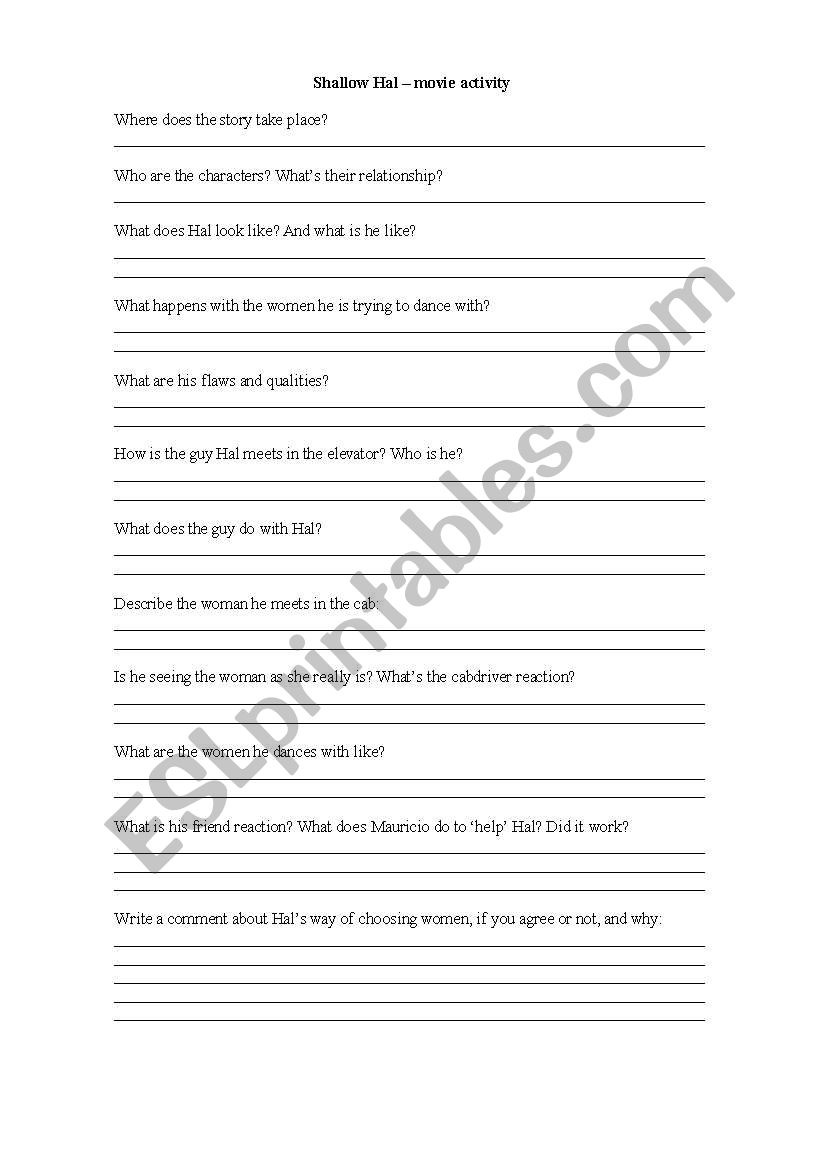 Shallow Hal - movie activity worksheet