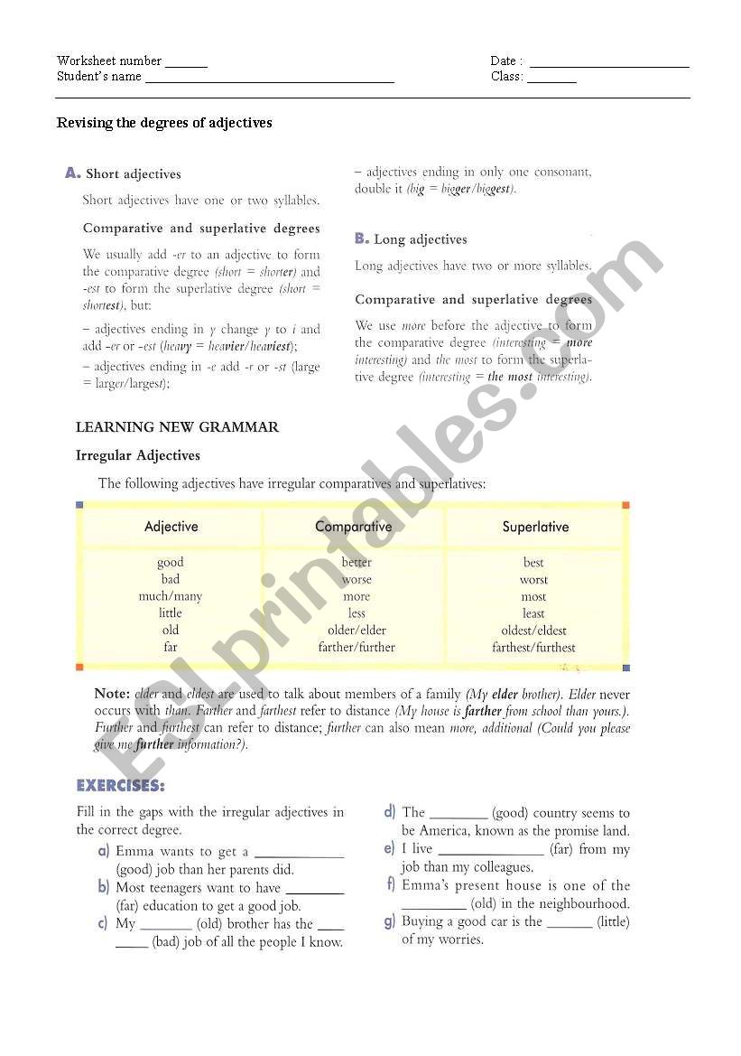 Degrees of adjectives worksheet