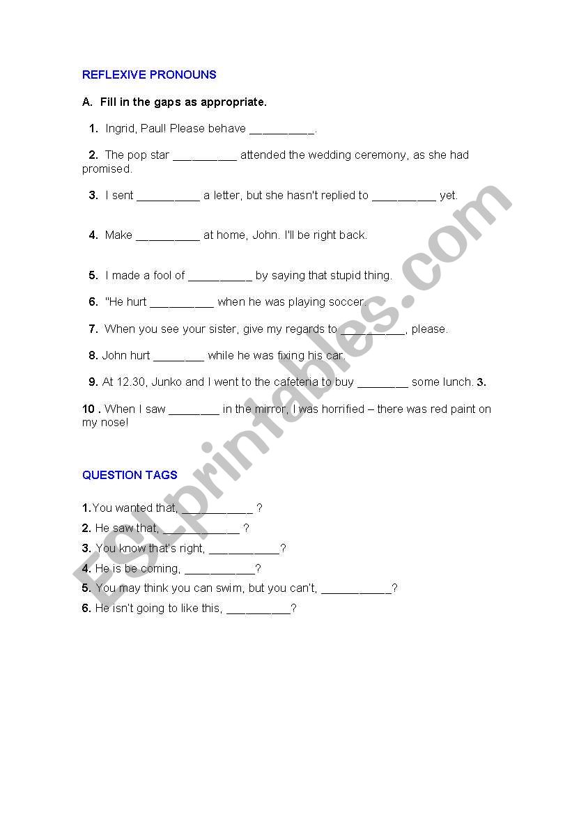 Reflexive pronouns/Question tags