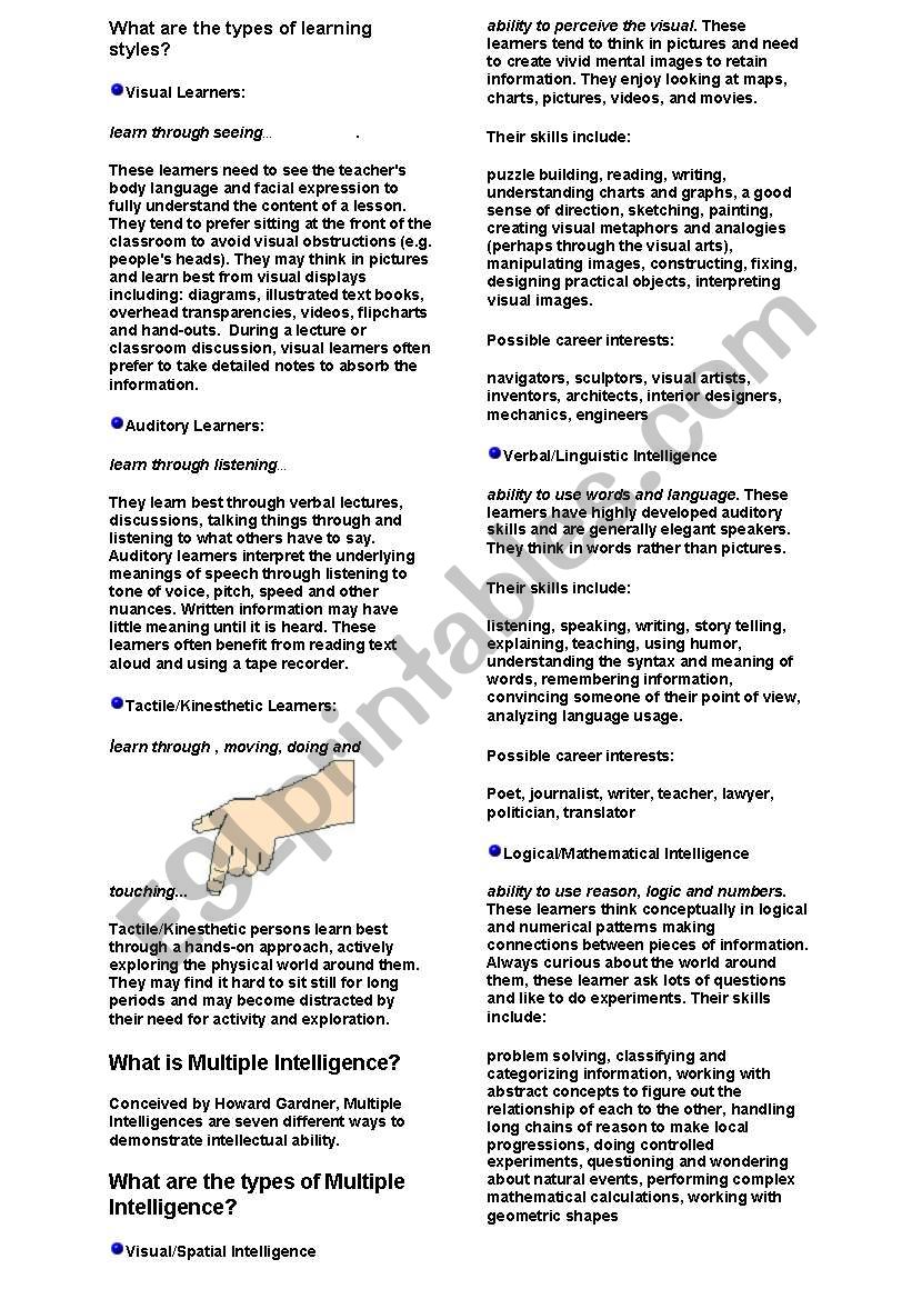 multiple intelligence worksheet