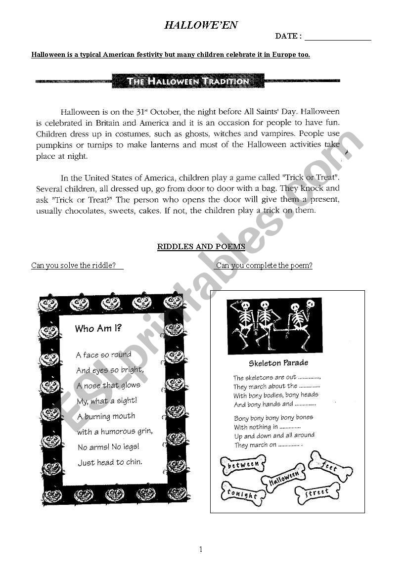 Hallowe´en poem and riddle worksheet