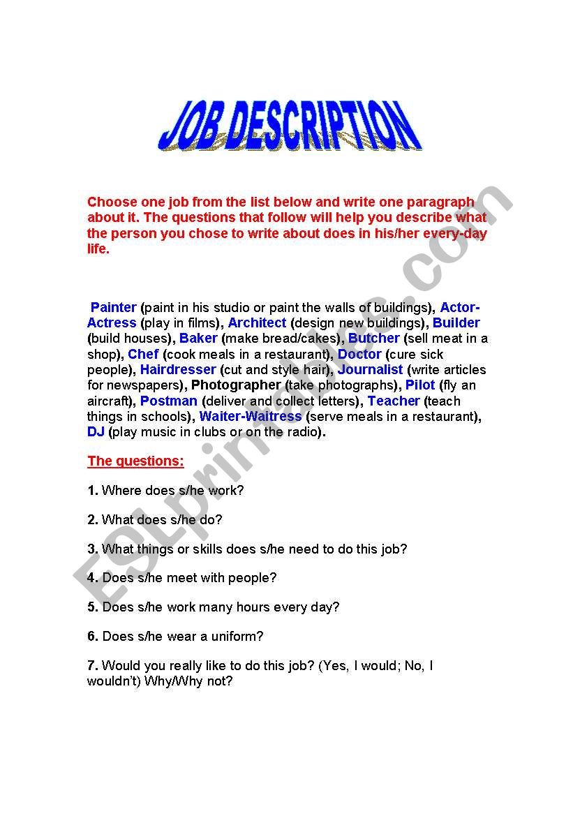 JOB DESCRIPTION worksheet