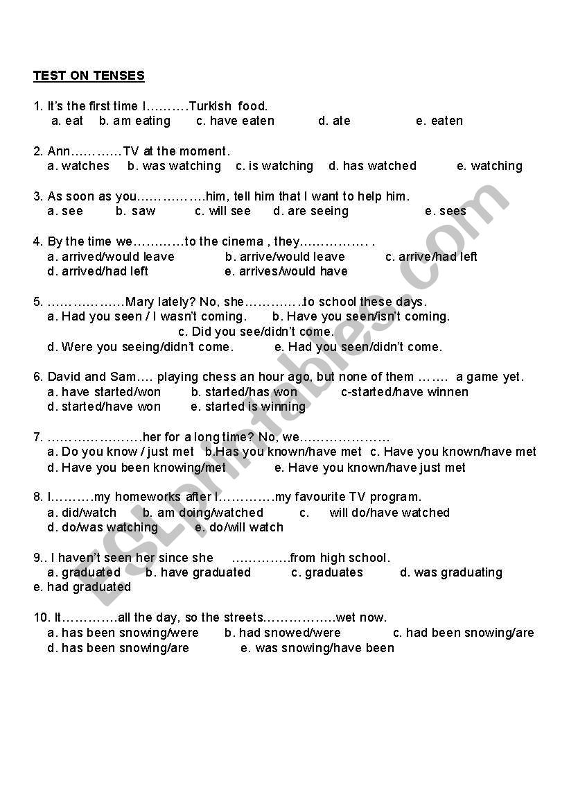 mix tenses tests worksheet