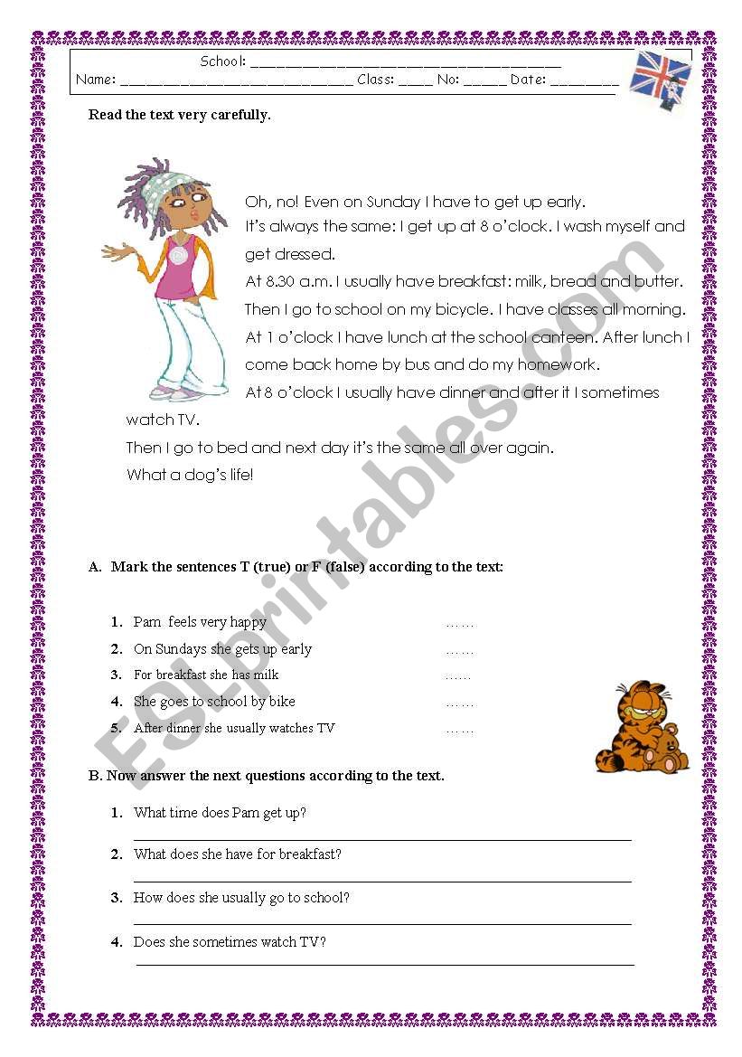 Written test on daily routines