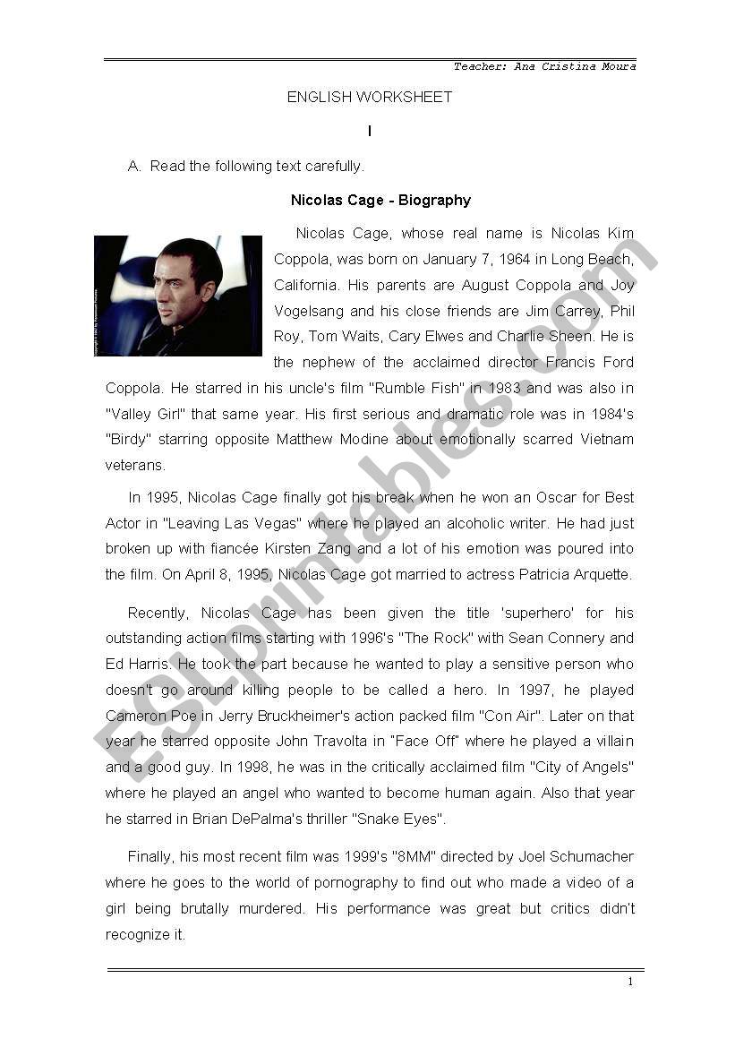 English test - biography Nicholas Cage