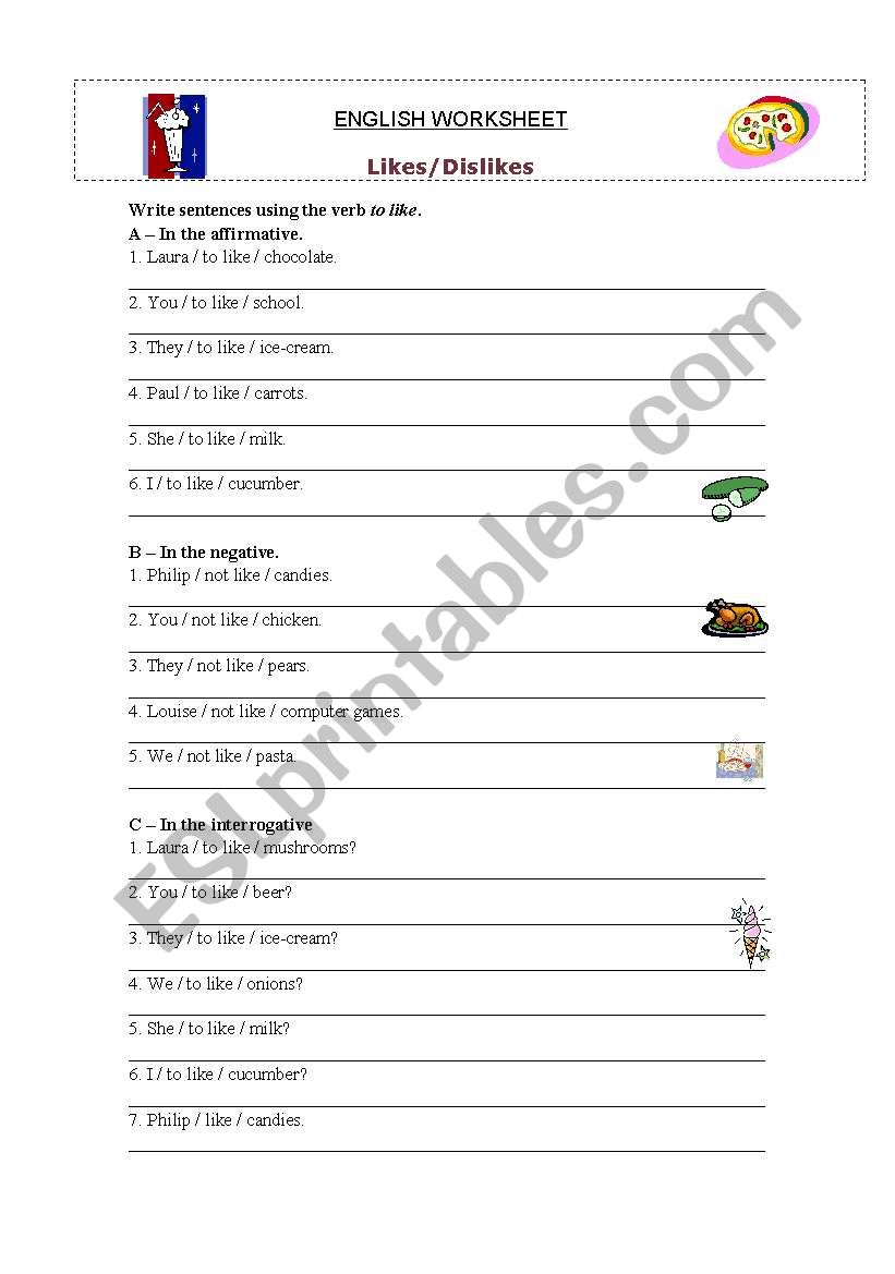 To like (positive, negative, interrogative)