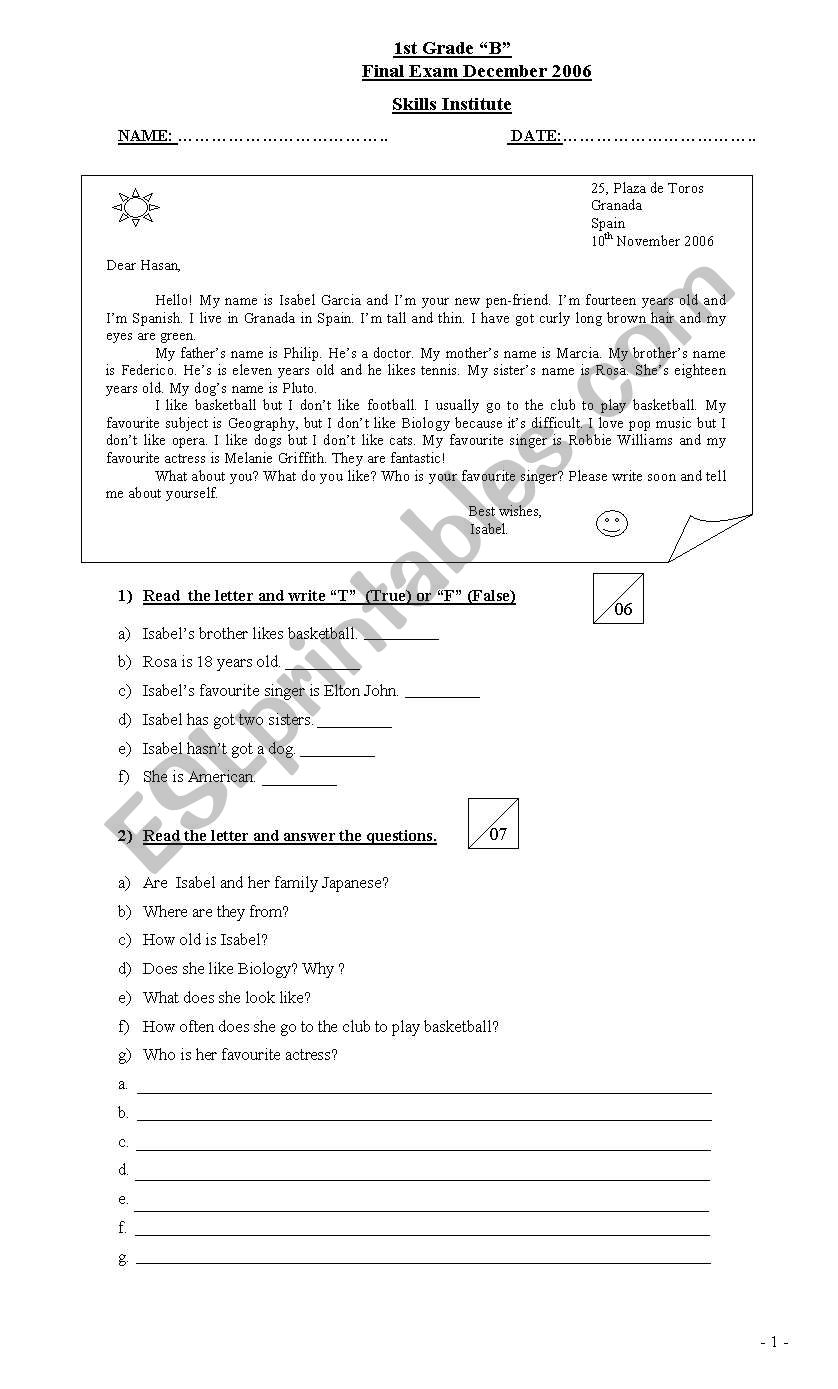 test for begginers worksheet