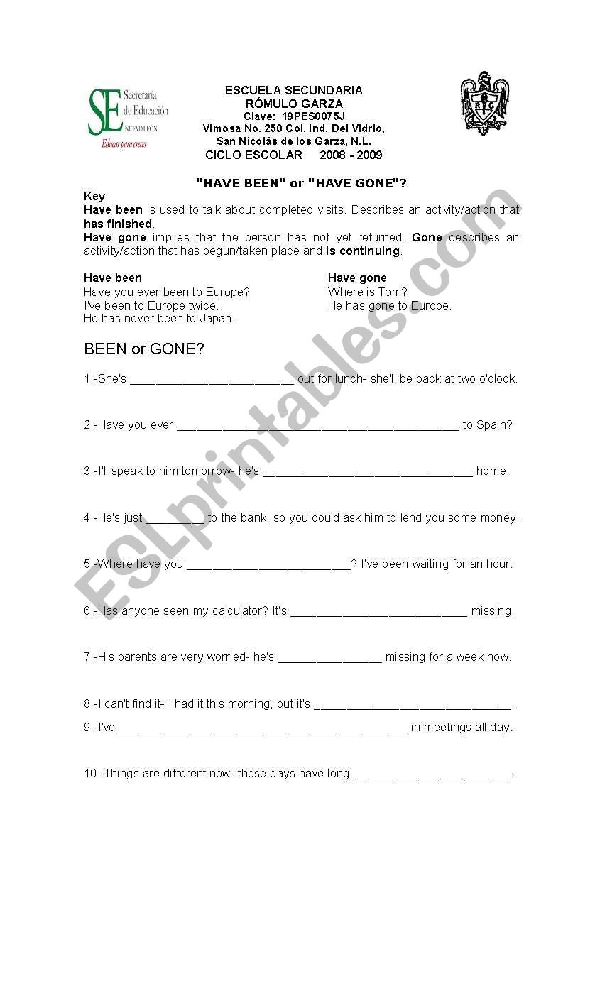 been/gone worksheet