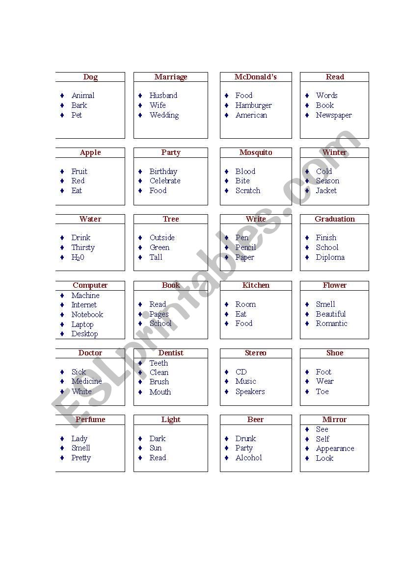 Tabooish Card worksheet