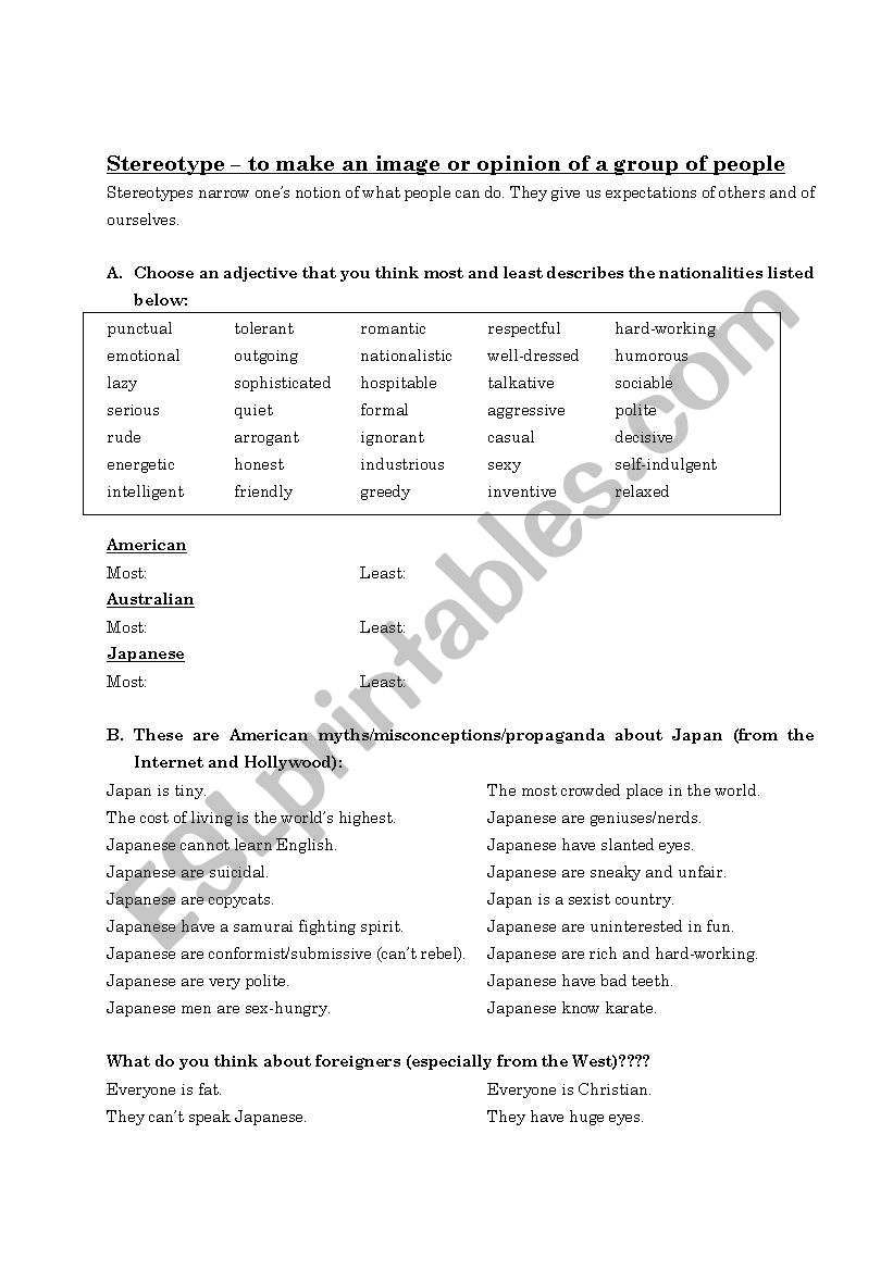 Stereotypes worksheet