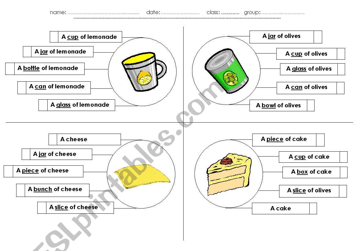 Food and Quantities worksheet