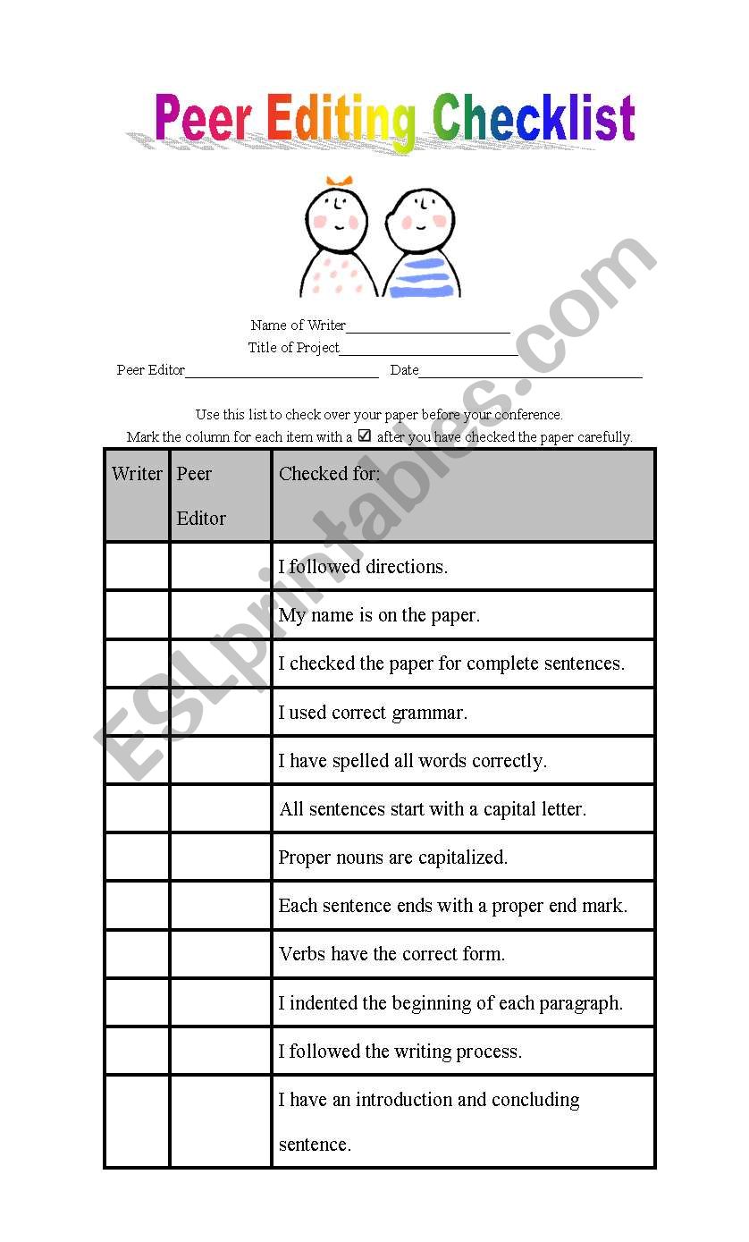 Peer Editing Assessment Sheet worksheet