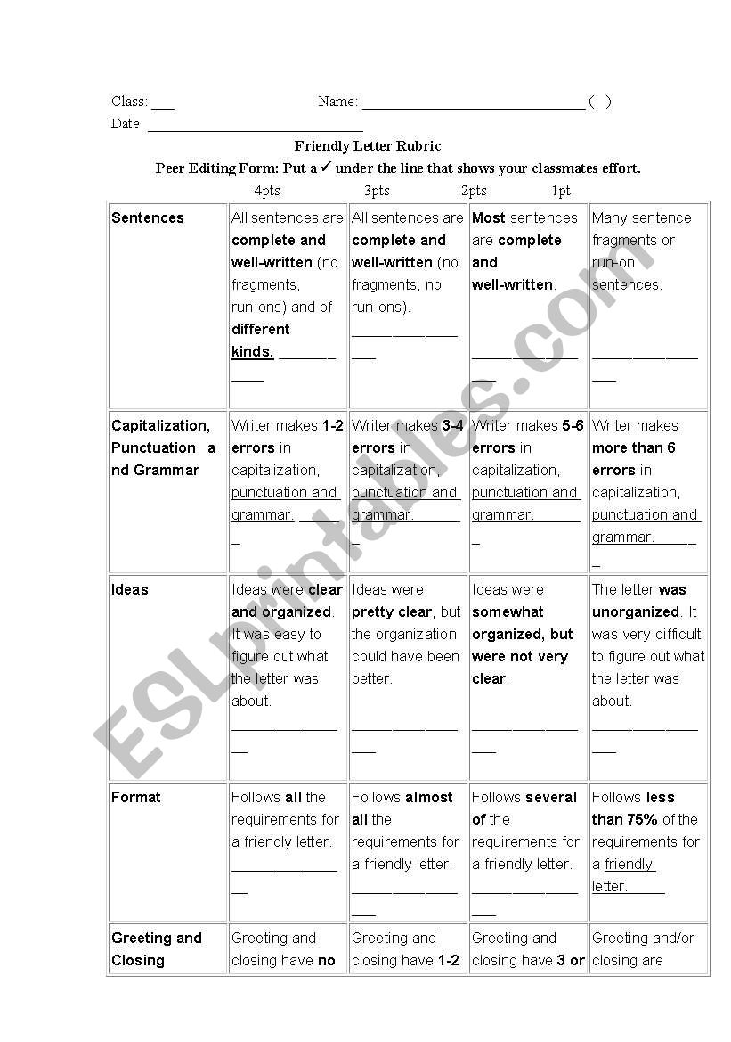 Friendly Letter Rubric worksheet