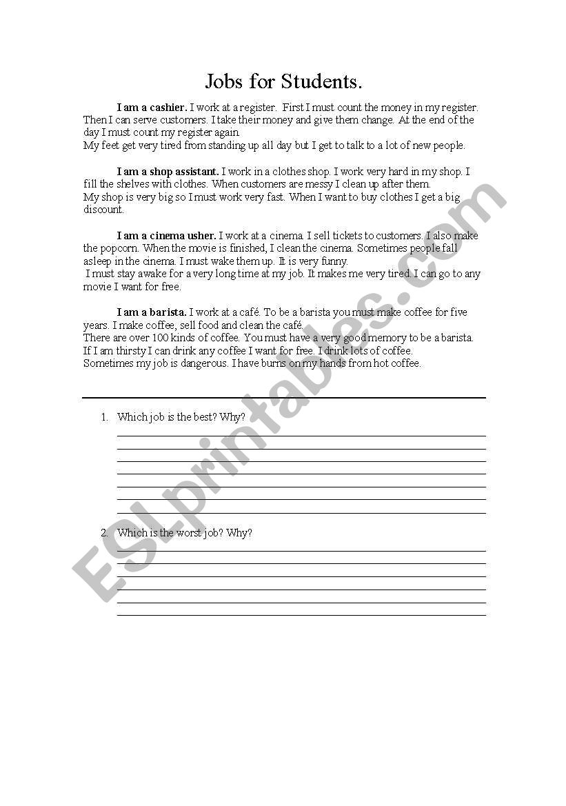 Jobs for Students. worksheet