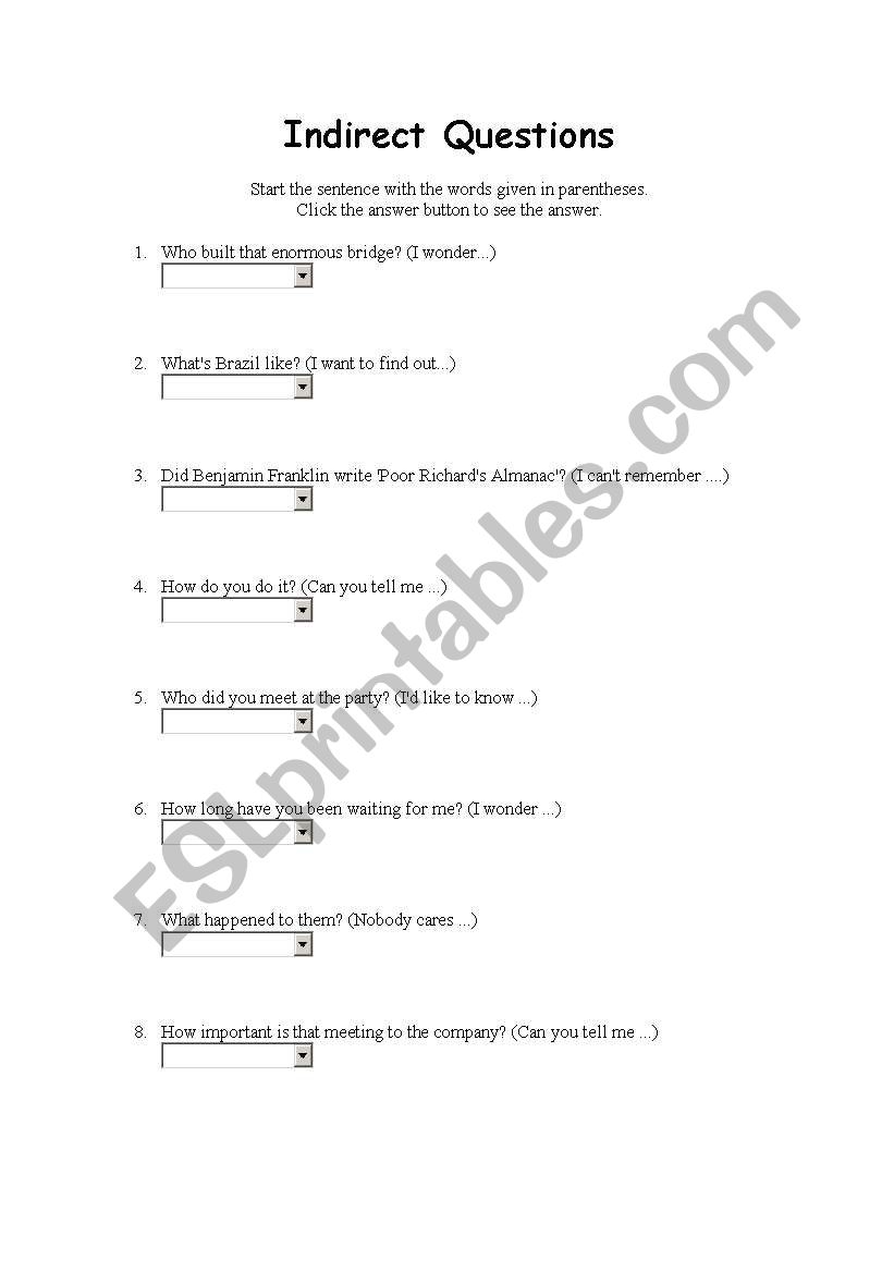 indirect questions worksheet