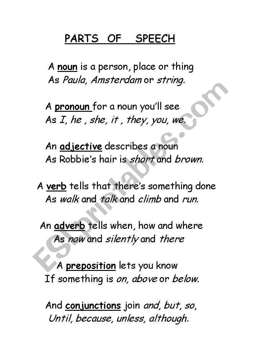 Parts of Speech worksheet