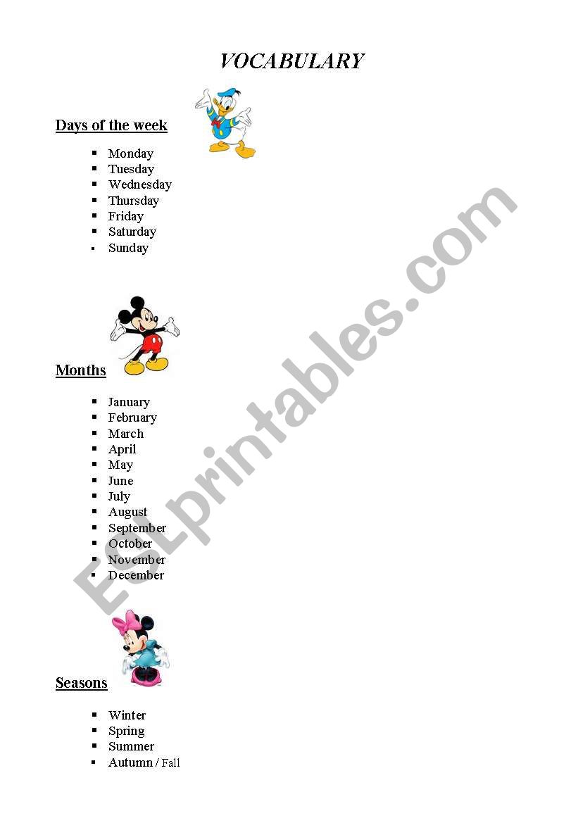 Days of the week, months and seasons - Vocabulary