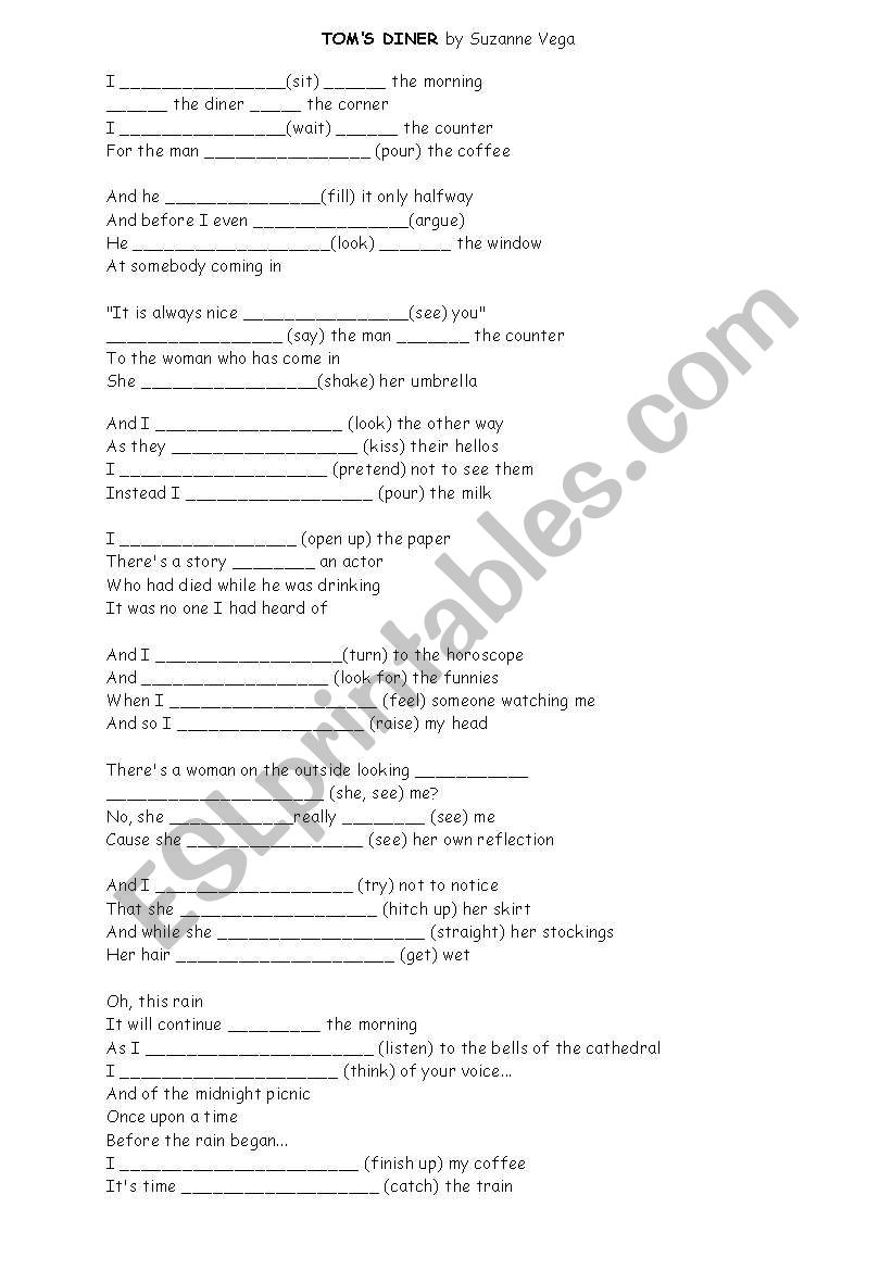 TOMs DINER by Suzanne Vega  worksheet