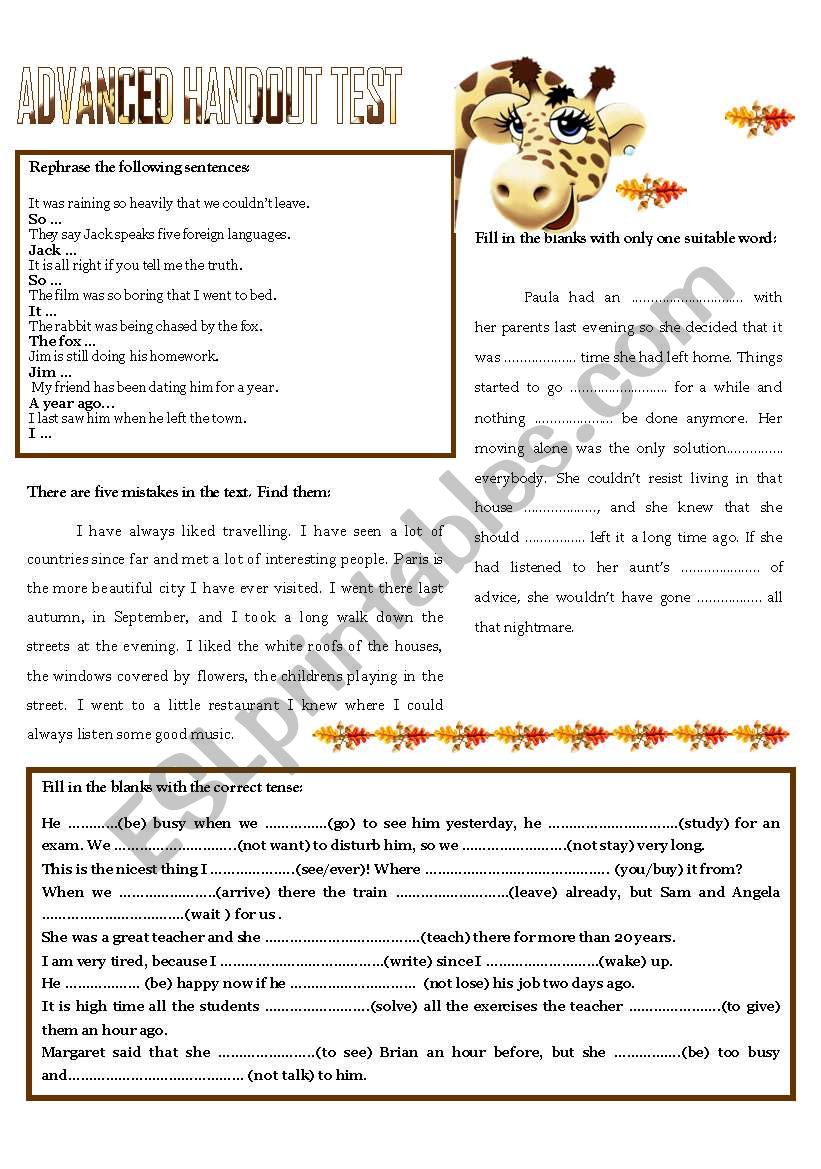 ADVANCED HANDOUT TEST worksheet