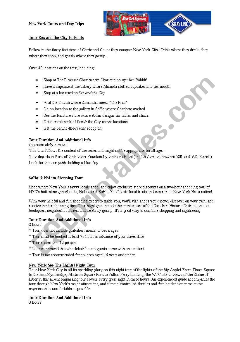 tours arond NY worksheet