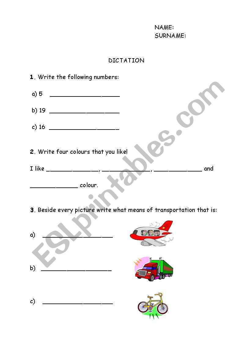 dictation/test worksheet