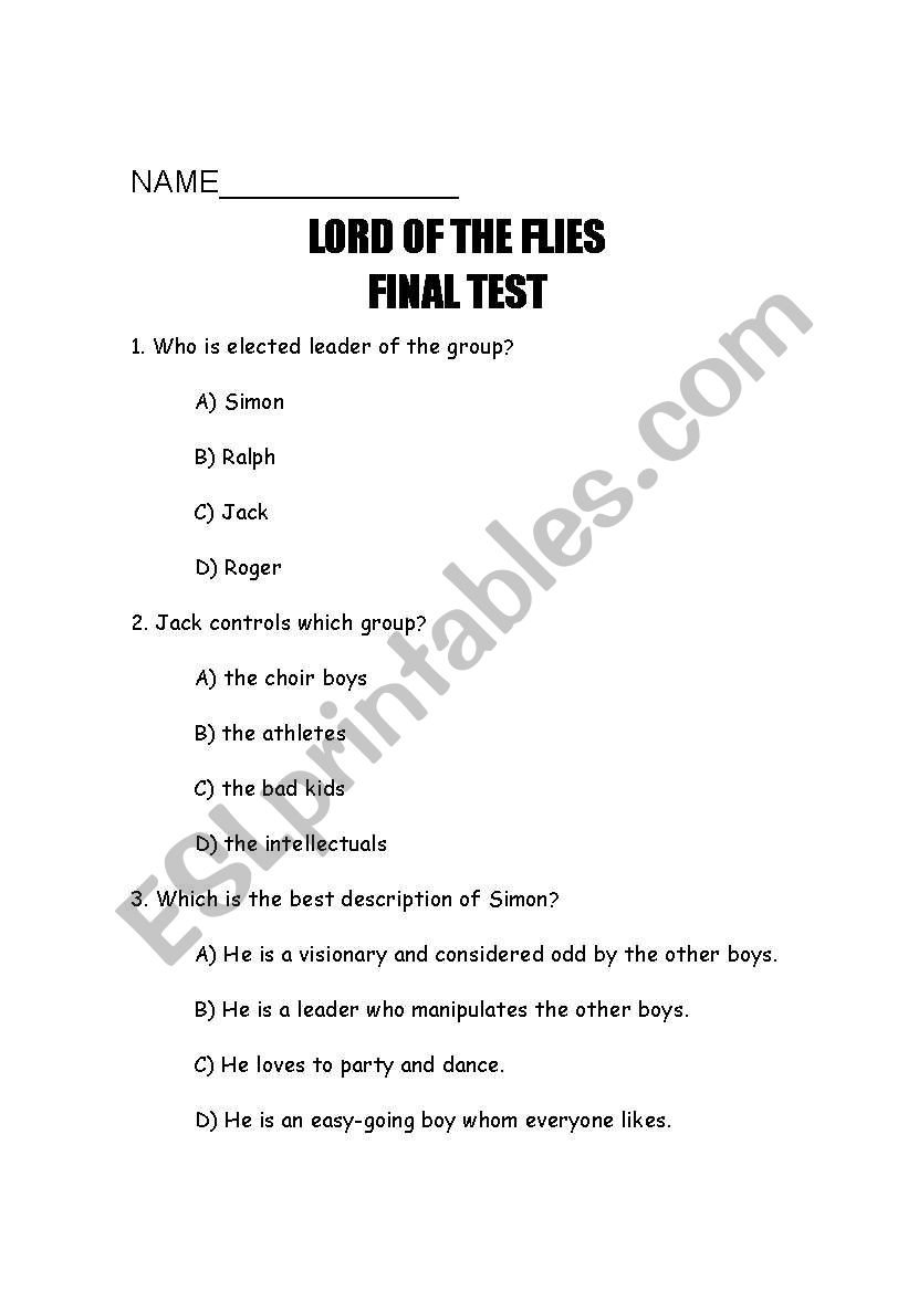 Lord of the Flies Quiz worksheet