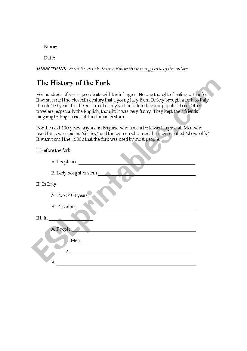 Outline Form Practice worksheet