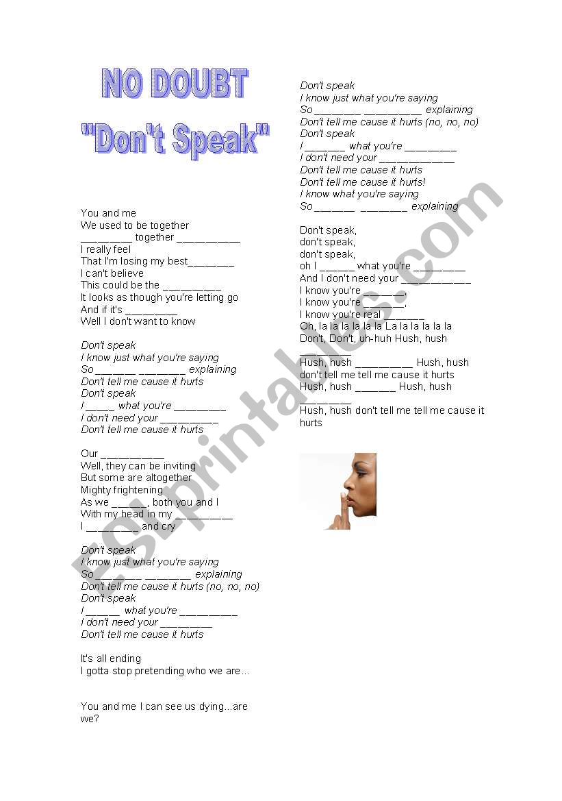 Dont Speak, by No doubt worksheet